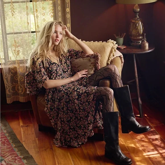 NEW Free People Elisandra Midi Dress Floral Black Pink Yellow Bell Sleeves Small - Picture 6 of 6